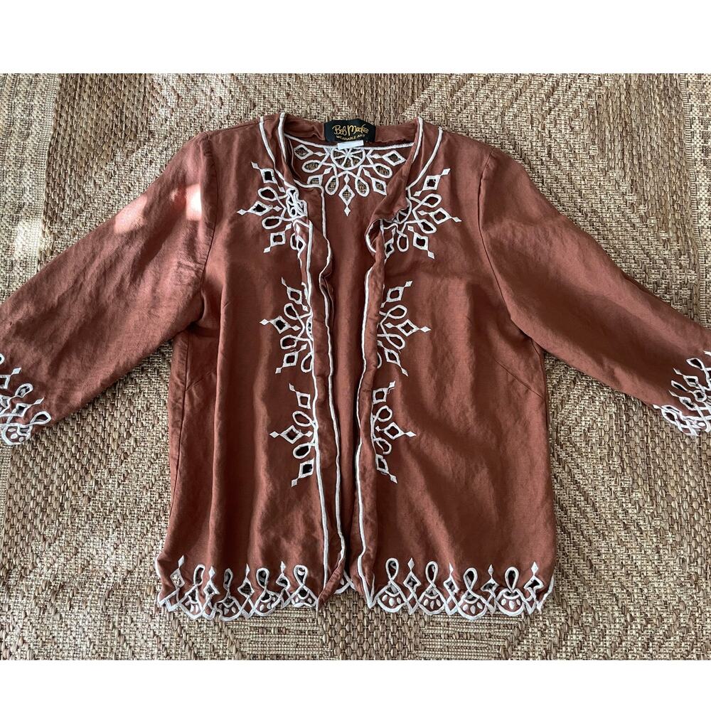 Bob Mackie Brown Open front Light Blazer with White opened embroidered detail
